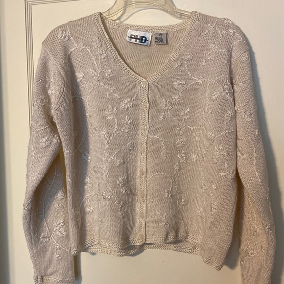 Paul Harris Design Sweaters - Sezane style vintage embroidered white ivory cardigan sweater lightweight 90s